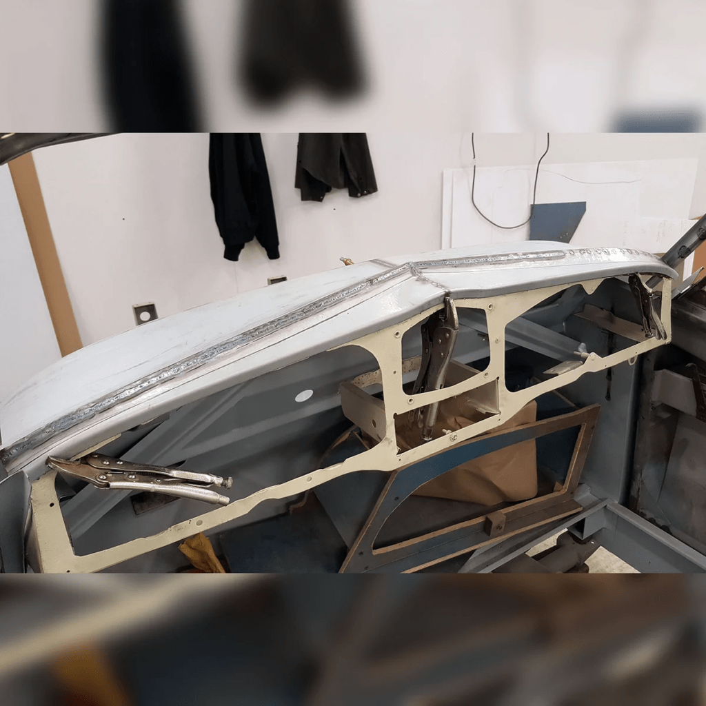 Test fitting the original dash with the front apron/top shuttle and bulkhead we re-manufactured for the 1953 Jowett Jupiter fastback.