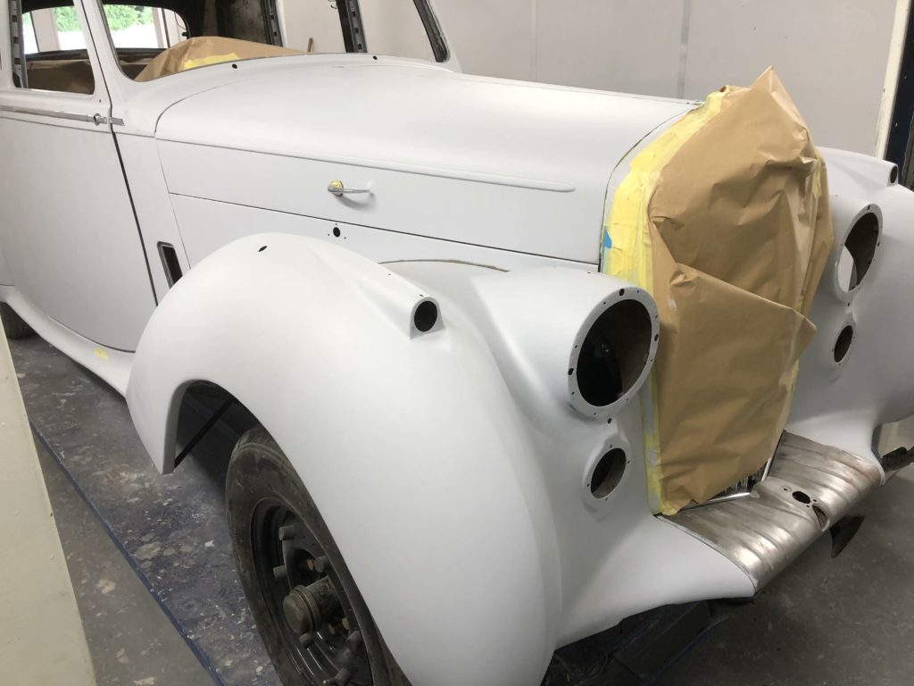 Here you can see the Bentley R Type after primer with doors, bonnet and boot lid fitted to check panel gaps and flush lines prior to painting.