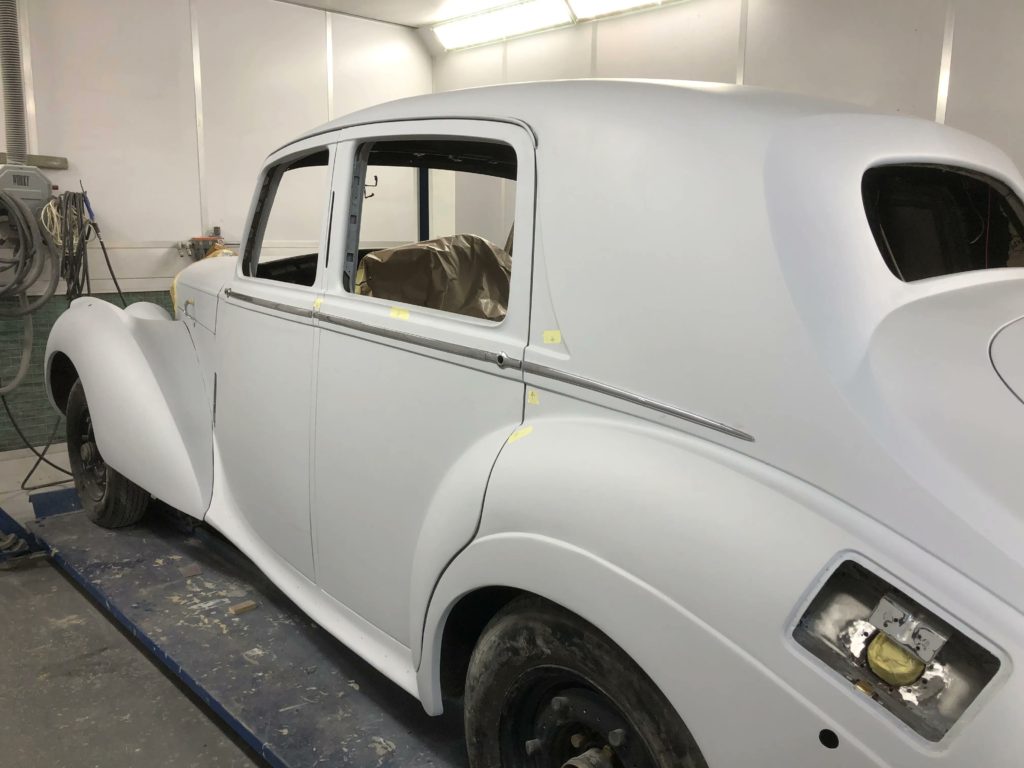 Here you can see the Bentley R Type after primer with doors, bonnet and boot lid fitted to check panel gaps and flush lines prior to painting.