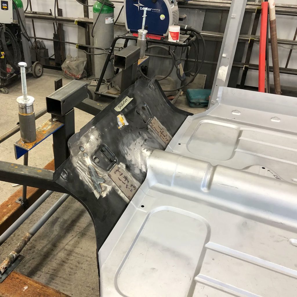 The Magnum supplied one piece floor on the Plastics4Performance Mini Cooper 998 MkII, seen here checking fitment with the modified front board.