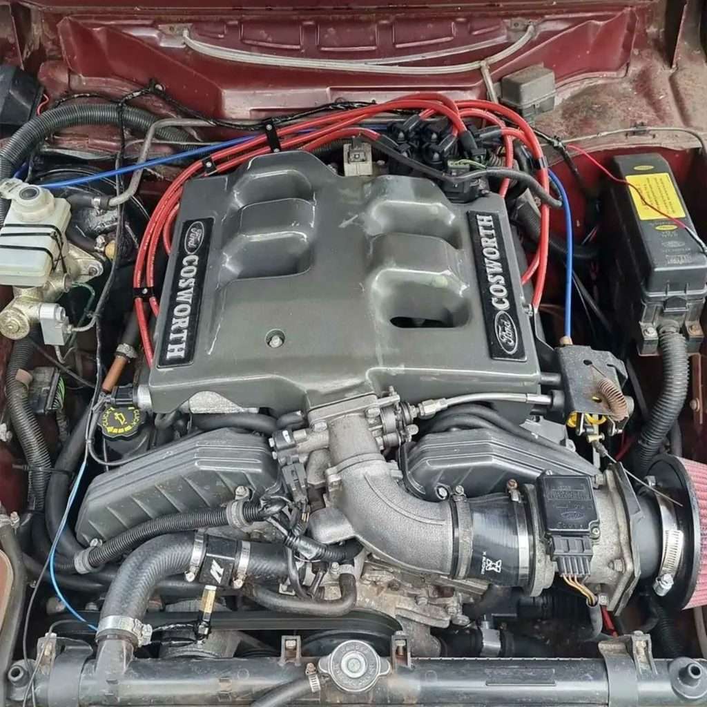 Danny's Ford Capri Mk3 is equipped with a punchy 2.9-litre Cosworth engine sourced from a Ford Scorpio V6. The snug fit adds to the allure, perfectly complementing the car.