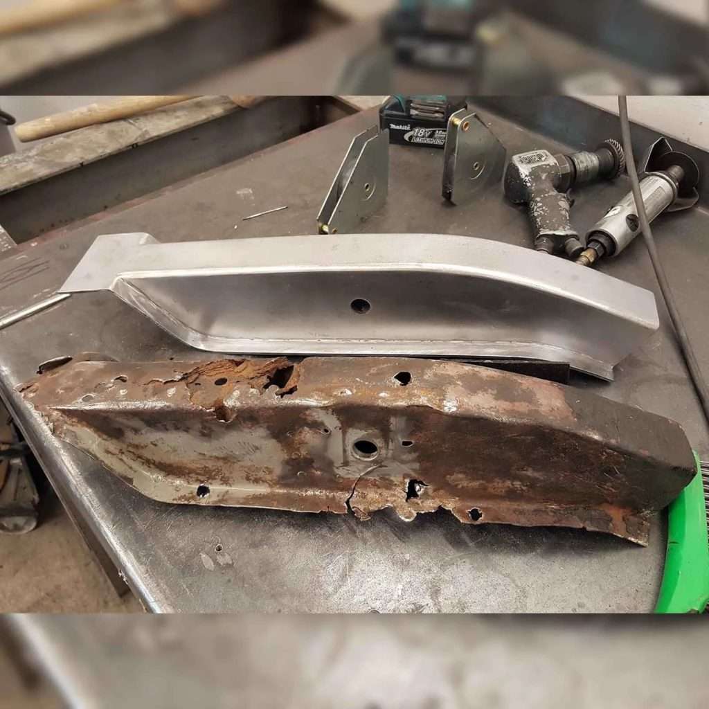 As we embarked on restoring the Ford Capri Mk3, we confronted the offside and nearside rear chassis sections. With no ready-made replacements, we took matters into our own hands, crafting new ones from robust 3mm steel in-house.