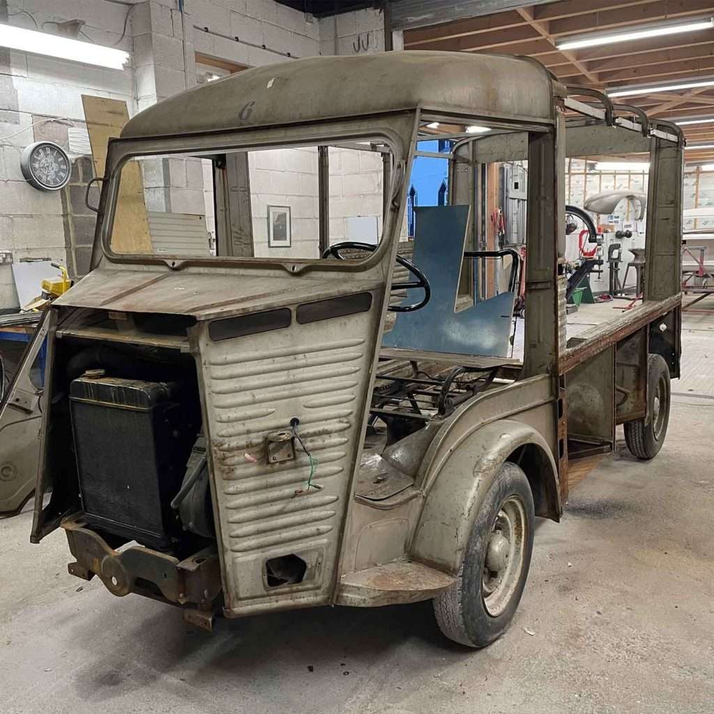 Our journey with the Citroën H-Type Van begins with a thorough strip-down, removing all unnecessary panels and components before media blasting.